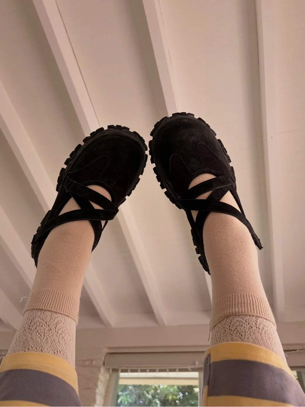 Korean Black Chunky heel platform Suede Mary Jane cross over strap Shoes size 7